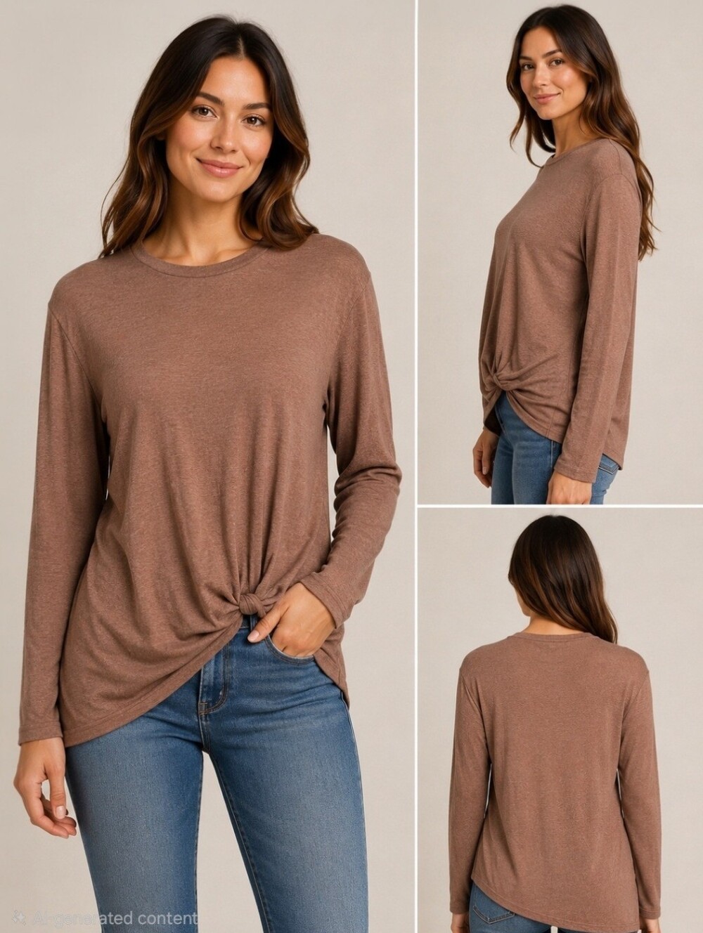 NWT knotted front, asymmetrical hem, long sleeve, soft stretch top, Sz Med brown